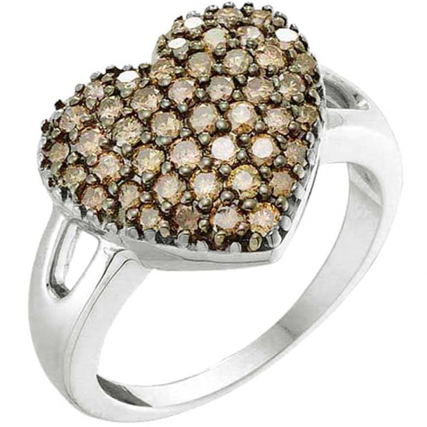 1.00 Carat (ctw) 14k White Gold Round Brown Diamond Ladies Bridal Split Shank Heart Promise Ring