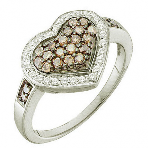 0.51 Carat (ctw) 14k White Gold Round Brown & White Diamond Ladies Cocktail Heart Promise Ring