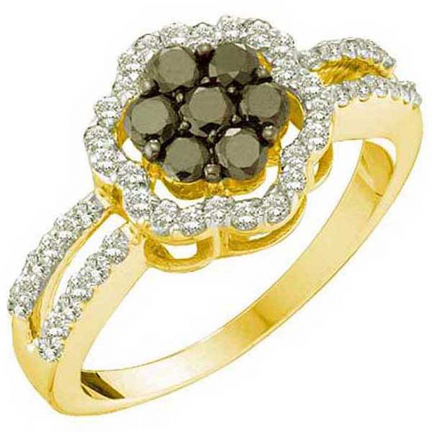 0.83 Carat (ctw) 14k Yellow Gold Round Black & White Diamond Ladies Split Shank Flower Engagement Ring