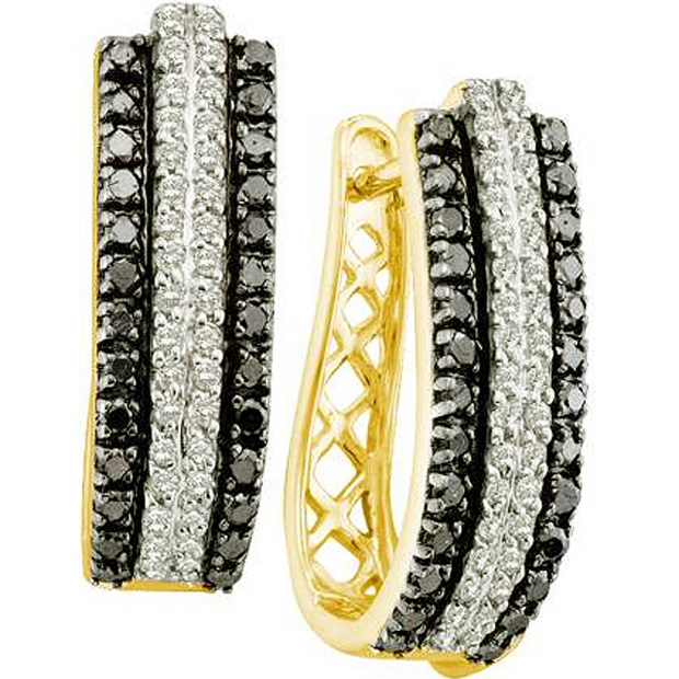 1.03 Carat (ctw) 14k Yellow Gold Round Black & White Diamond Ladies Fashion Hoops Earrings