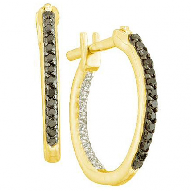 0.25 CT 14k Yellow Gold Black & White Diamond In & Out Hoop Earrings