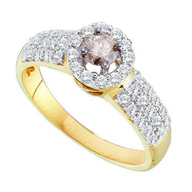 0.76 Carat (ctw) 14k Yellow Gold Round White & Champagne Diamond Ladies Halo Style Bridal Engagement Ring