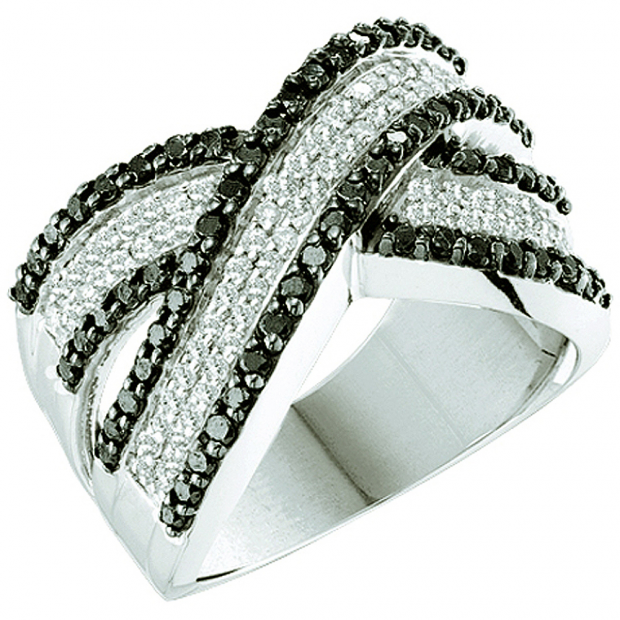 1.25 Carat (ctw) 14k White Gold Round Black & White Diamond Ladies Swirl Right Hand Fashion Band