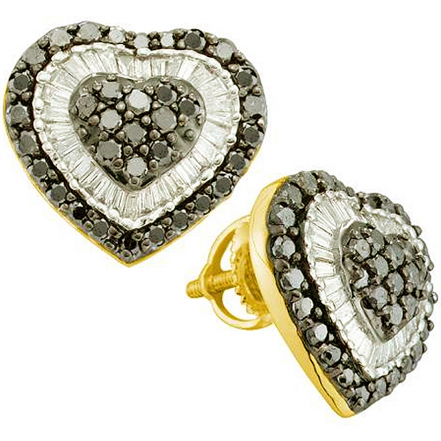 1.50 Carat (ctw) 14k Yellow Gold Round & Baguette Cut Black & White Diamond Ladies Fashion Heart Earrings