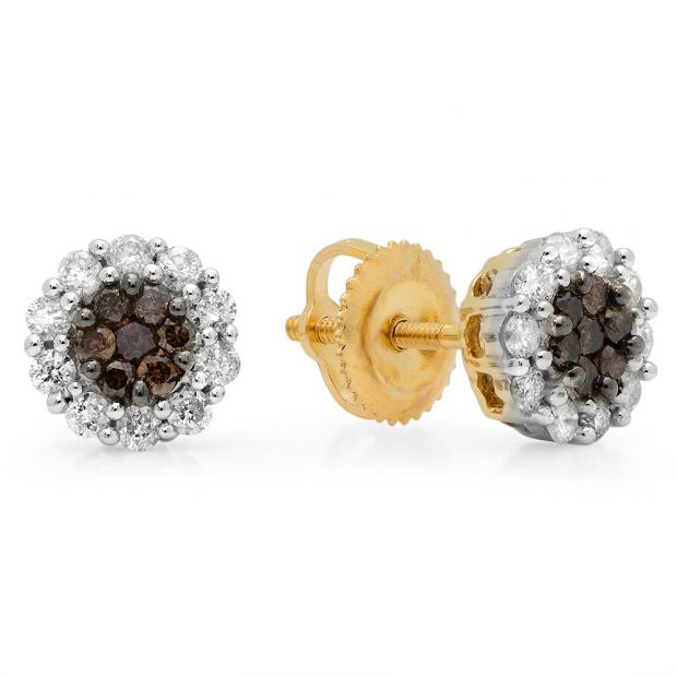 0.50 Carat (ctw) 14K Yellow Gold Round Champagne And White Diamond Ladies Cluster Flower Stud Earrings 1/2 CT
