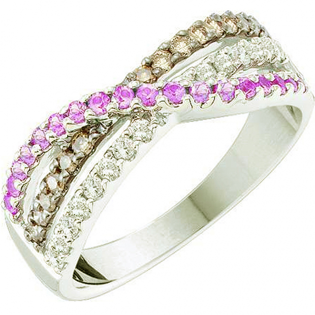 0.58 Carat (ctw) 14k White Gold Round White Brown & Pink Diamond Ladies Swirl Right Hand Fashion Band