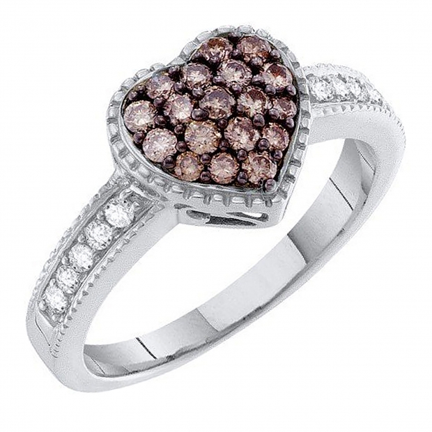 0.47 Carat (ctw) 14k White Gold Round Brown & White Diamond Ladies Heart Promise Ring
