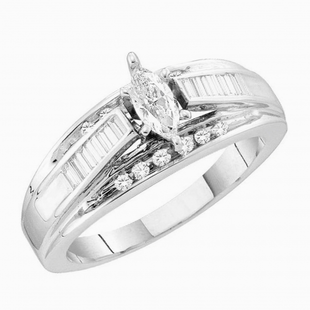 0.50 Carat (ctw) 14k White Gold Marquise Round & Baguette Cut White Diamond Ladies Bridal Engagement Ring