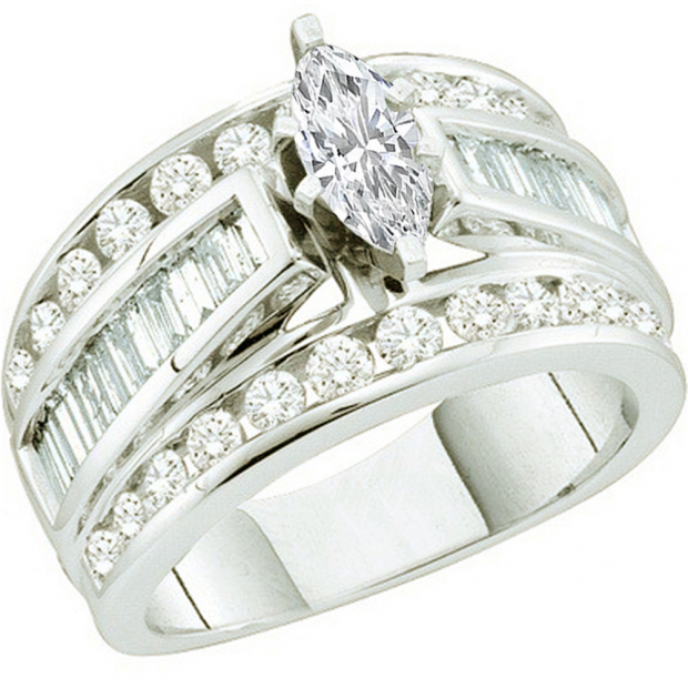 1.00 Carat (ctw) 14k White Gold Brilliant Round Baguette & Marquise Cut White Diamond Ladies Bridal Engagement Ring