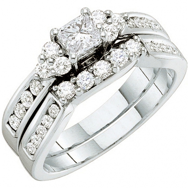 1.00 Carat (ctw) 14k White Gold Round & Princess Cut White Diamond Ladies Bridal Engagement Ring Set