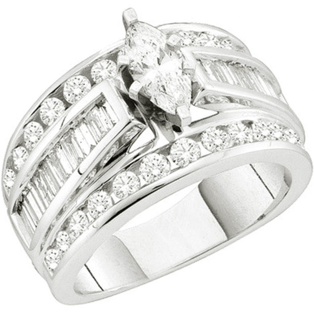 2.00 Carat (ctw) 14k White Gold Brilliant Round Baguette & Marquise Cut White Diamond Ladies Bridal Engagement Ring
