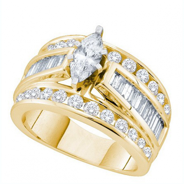 2.00 Carat (ctw) 14k Yellow Gold Round Baguette & Marquise Cut White Diamond Ladies Bridal Engagement Ring 2 CT
