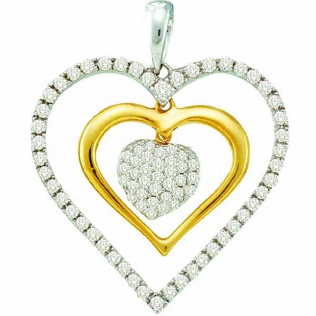 0.51 Carat (ctw) 14k White Gold Round White Diamond Ladies Two Tone Double Heart Pendant