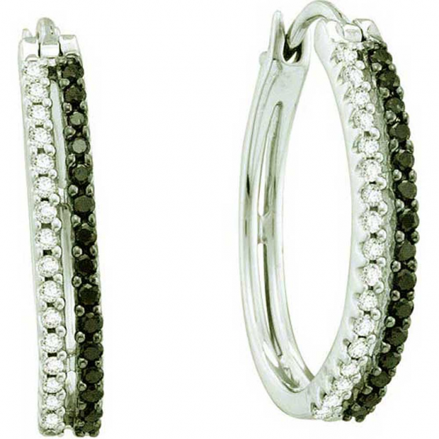 0.51 Carat (ctw) 14k White Gold Round Black & White Diamond Ladies Fashion Hoops Earrings
