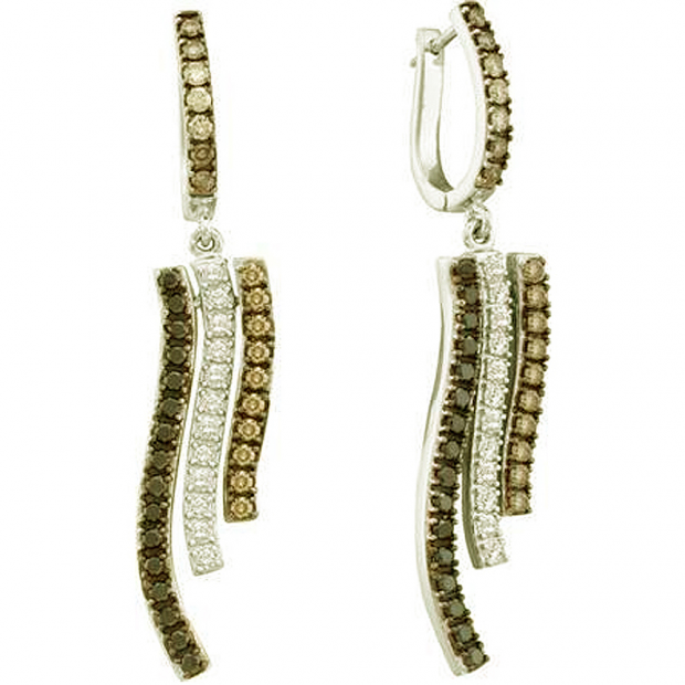 1.00 Carat (ctw) 14k White Gold Round White Brown & Black Diamond Ladies Dangling Drop Earrings