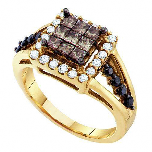 1.00 Carat (ctw) 14k Yellow Gold Round & Princess Cut White Brown & Black Diamond Ladies Invisible Right Hand Ring