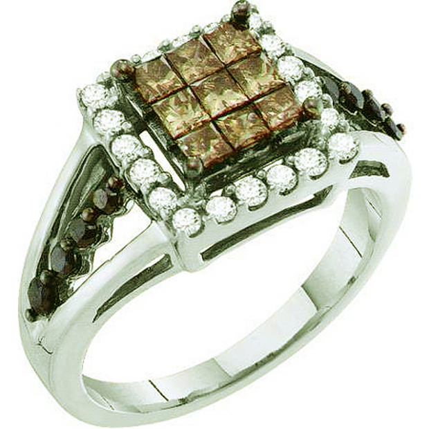 1.00 Carat (ctw) 14k White Gold Round & Princess Cut White Brown & Black Diamond Ladies Invisible Right Hand Ring