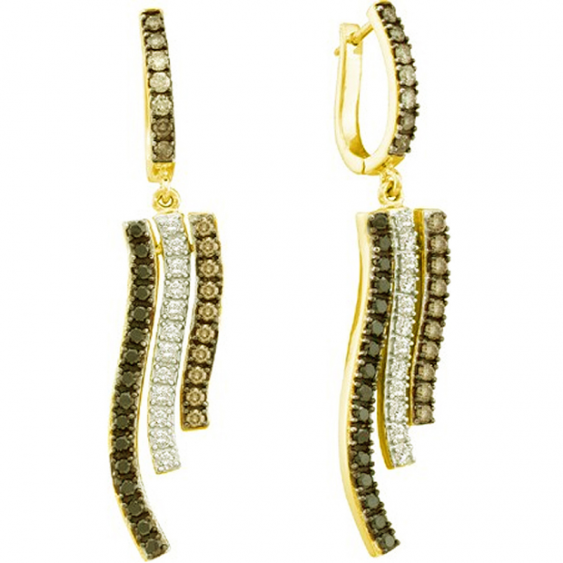 1.00 Carat (ctw) 14k Yellow Gold Round White Brown & Black Diamond Ladies Dangling Drop Earrings