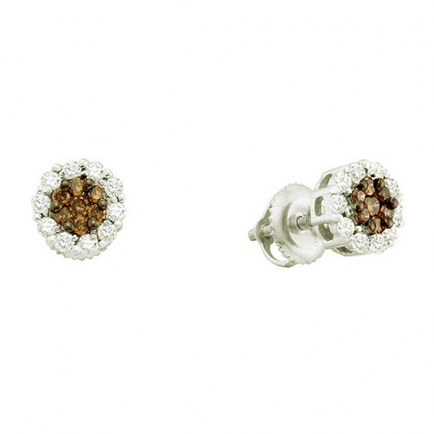 0.50 Carat (ctw) 14k White Gold Round Champagne & White Diamond Ladies Cluster Flower Stud Earrings