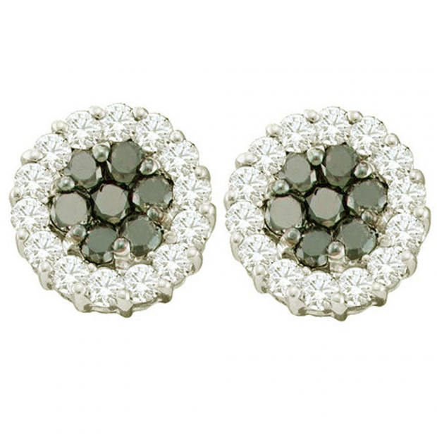 0.76 Carat (ctw) 14k White Gold Round Black & White Diamond Ladies Cluster Flower Earrings