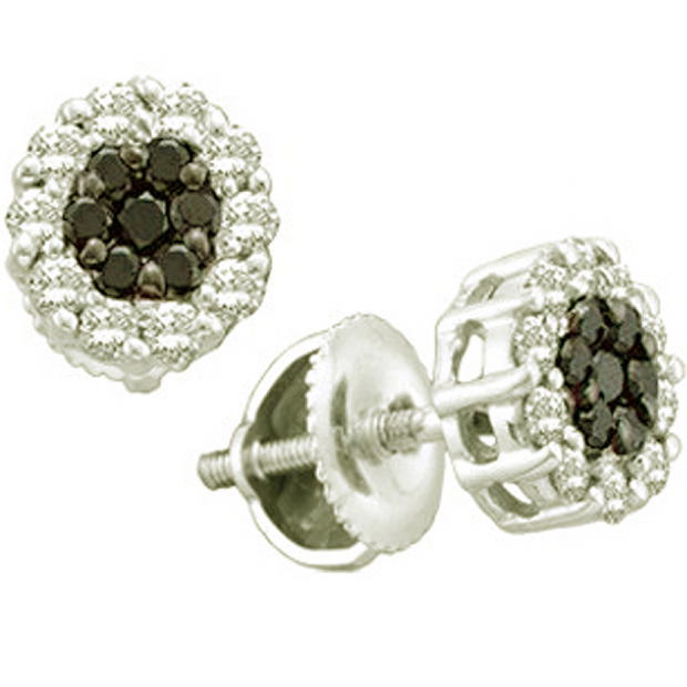 1.48 Carat (ctw) 14k White Gold Round Black & White Diamond Ladies Cluster Flower Earrings