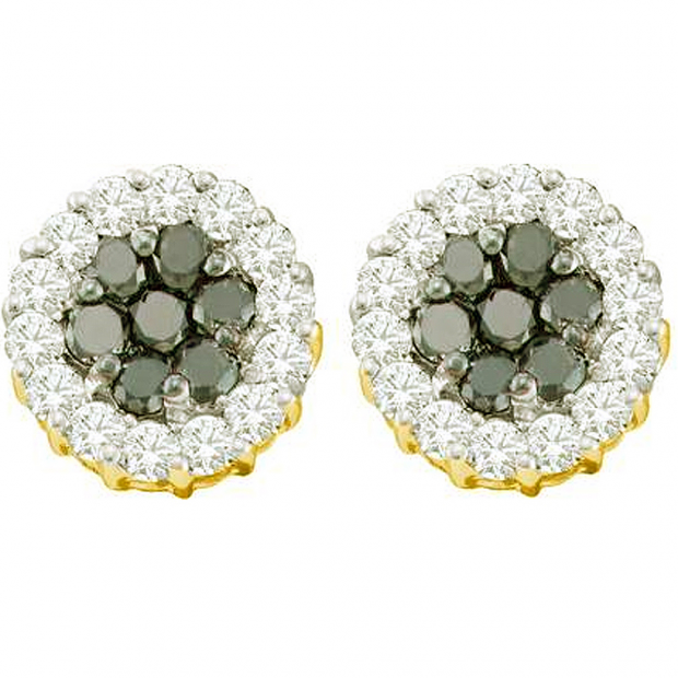 1.48 Carat (ctw) 14k Yellow Gold Round Black & White Diamond Ladies Cluster Flower Earrings