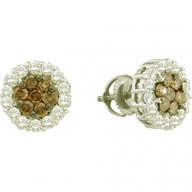 1.53 Carat (ctw) 14k White Gold Round White & Brown Diamond Ladies Cluster Flower Earrings