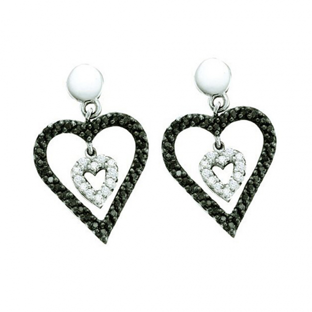 0.58 Carat (ctw) 14k White Gold Round Black & White Diamond Ladies Heart Drop Earrings