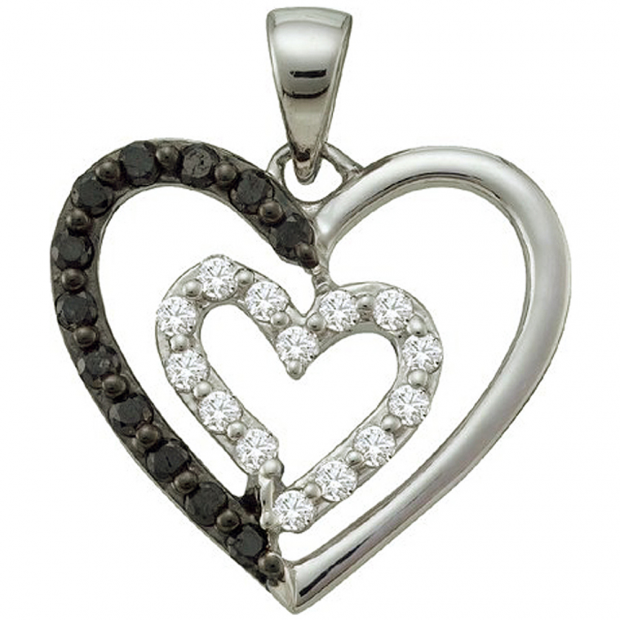 0.48 Carat (ctw) 14k White Gold Round Black & White Diamond Ladies Double Heart Pendant