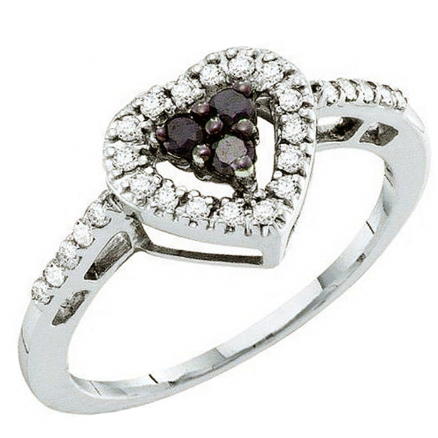 0.32 Carat (ctw) 14k White Gold Round Black & White Diamond Ladies Bridal Heart Promise Ring