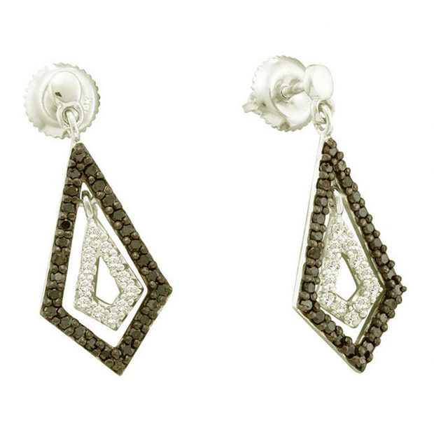 0.58 Carat (ctw) 14k White Gold Round Black & White Diamond Ladies Drop Earrings