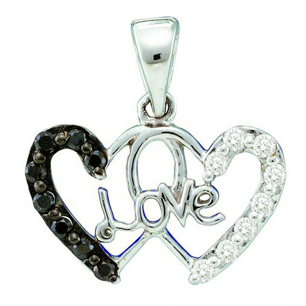 0.22 Carat (ctw) 14k White Gold Black & White Diamond Ladies Double Heart Pendant