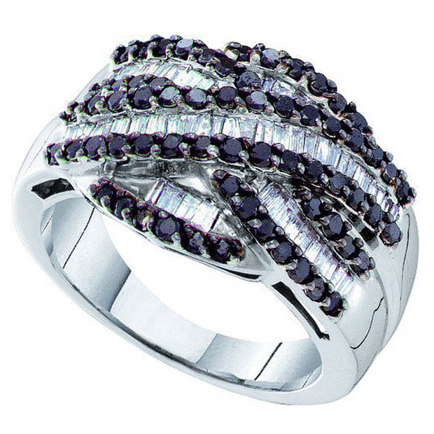 1.18 Carat (ctw) 14k White Gold Round & Baguette Cut Black & White Diamond Ladies Swirl Right Hand Fashion Band