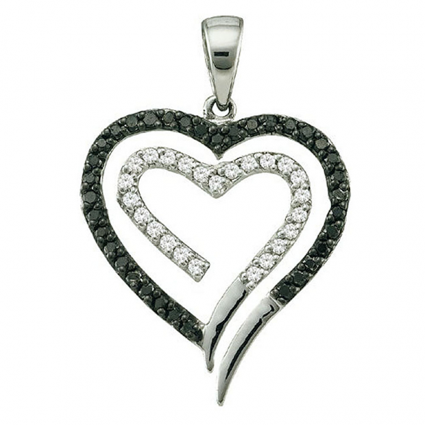0.35 Carat (ctw) 14k White Gold Black & White Diamond Ladies Double Heart Pendant