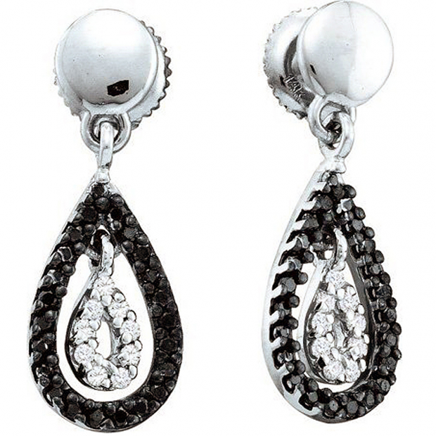 0.34 Carat (ctw) 14k White Gold Black & White Diamond Ladies Teardrop Style Drop Earrings