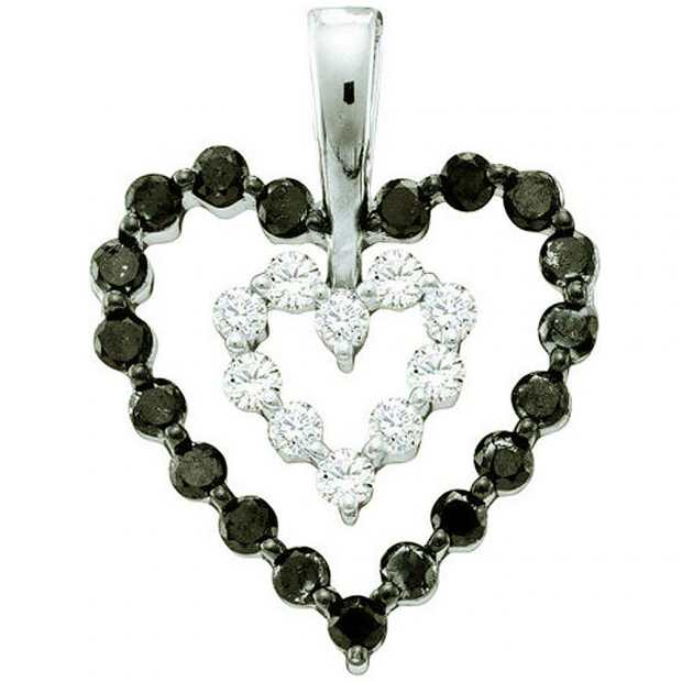 0.68 Carat (ctw) 14k White Gold Round Black & White Diamond Ladies Heart Pendant