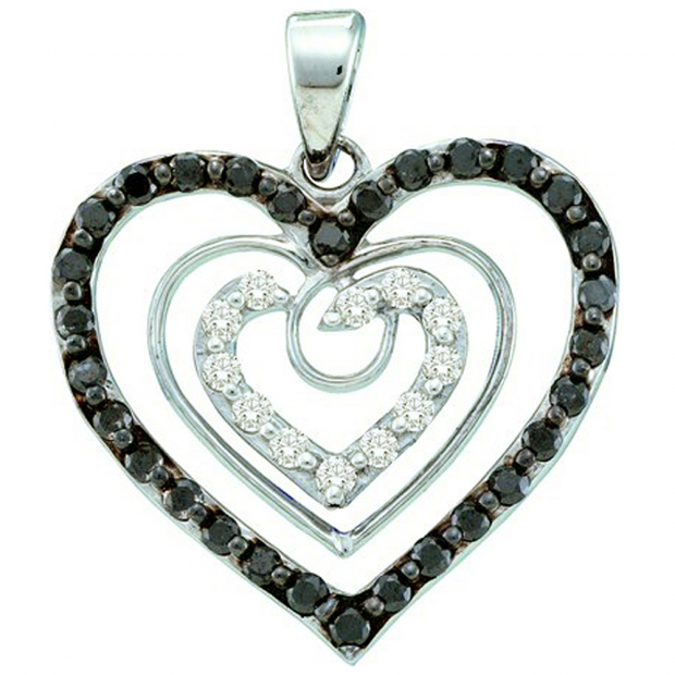 0.62 Carat (ctw) 14k White Gold Round Black & White Diamond Ladies Heart Pendant
