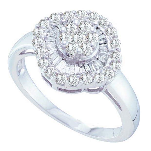 0.75 Carat (ctw) 14k White Gold Round & Baguette White Diamond Ladies Cluster Flower Right Hand Ring