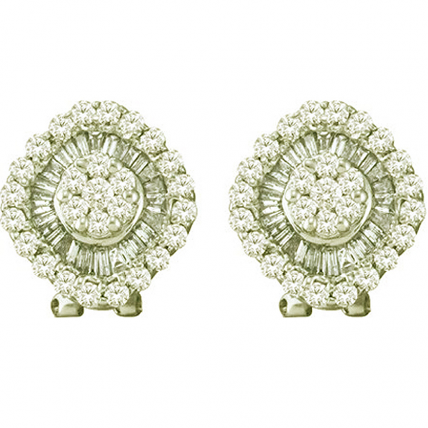 1.54 Carat (ctw) 14k White Gold Round & Baguette White Diamond Ladies Flower Cluster Earrings
