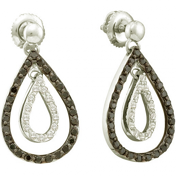 0.78 Carat (ctw) 14k White Gold Round Black & White Diamond Ladies Fashion Drop Earrings