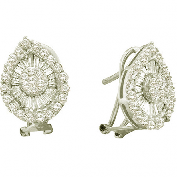 1.27 Carat (ctw) 14k White Gold Round & Baguette Cut White Diamond Ladies Cluster Flower Earrings
