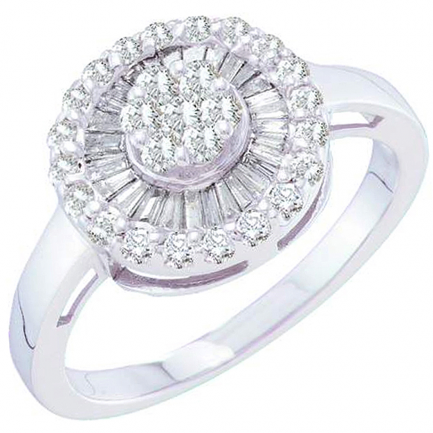 0.69 Carat (ctw) 14k White Gold Round & Baguette Cut White Diamond Right Hand Flower Ring