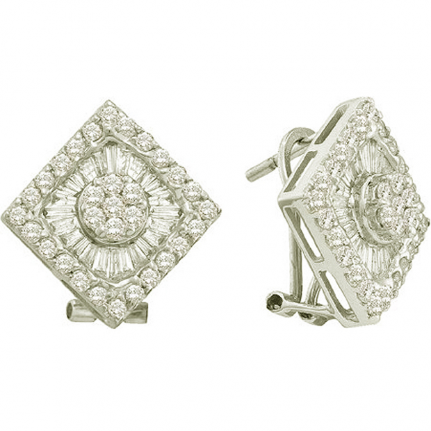 1.43 Carat (ctw) 14k White Gold Round & Baguette Cut White Diamond Ladies Flower Earrings