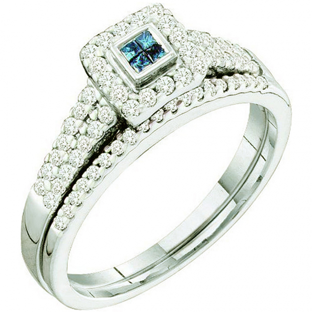 0.53 Carat (ctw) 14k White Gold Blue & White Diamond Ladies Invisible Bridal Engagement Ring Set