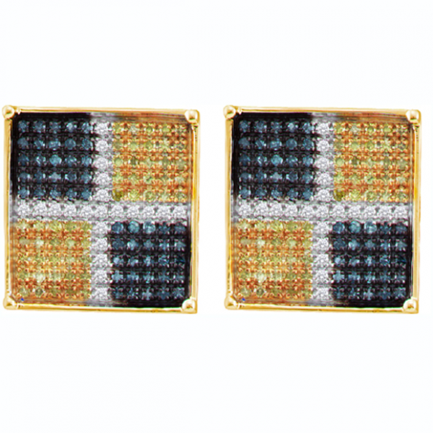 0.15 Carat (ctw) 10K Yellow Gold Round Blue Yellow & White Diamond Ladies Micro Pave Earrings
