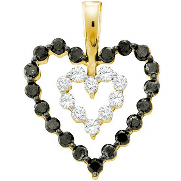 0.68 Carat (ctw) 14k Yellow Gold Round Black & White Diamond Ladies Heart Pendant