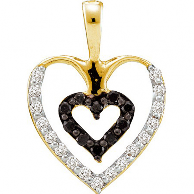 0.43 Carat (ctw) 14k Yellow Gold Round Black & White Diamond Ladies Double Heart Pendant