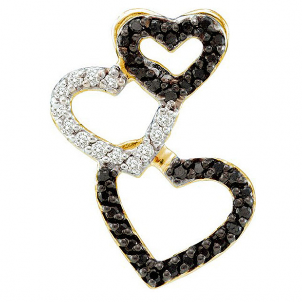 0.27 Carat (ctw) 14k Yellow Gold Black & White Diamond Ladies Three Hearts Pendant