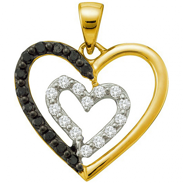 0.48 Carat (ctw) 14k Yellow Gold Round Black & White Diamond Ladies Double Heart Pendant