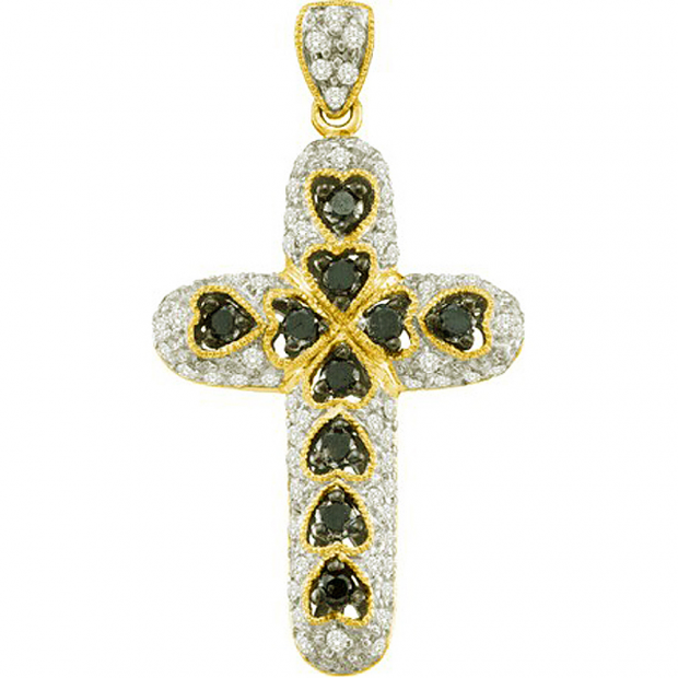 0.78 Carat (ctw) 14k Yellow Gold Round Black & White Diamond Ladies Cross Pendant